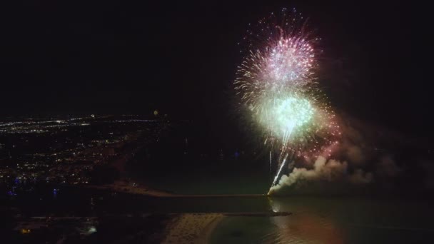 Aerial View Bright Fireworks Exploding Colorful Lights Sea Shore Independence — Videoclip de stoc