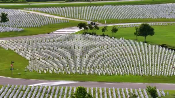 Sarasota National Cemetery Many White Tombstones Green Grass Lawn Memorial — Stock Video