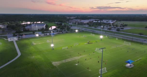フロリダ州ノースポートの公共スポーツパークで照らされたサッカースタジアムでスポーツマントレーニング — ストック動画