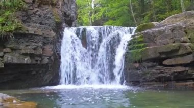 Yaz ormanlarında kayalık oluşumdan dökülen köpüklü suyla birlikte dağ nehrine dökülen şelale..