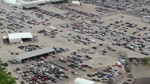 Вид Повітря Торговельну Дилерську Компанію Великий Паркінг Припаркованими Машинами Готовими — стокове відео