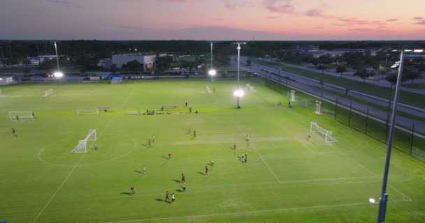 サッカースタジアムでサッカーに従事する子供たちと一緒に公共スポーツパークの空中ビュー アクティブなライフ コンセプト — ストック動画