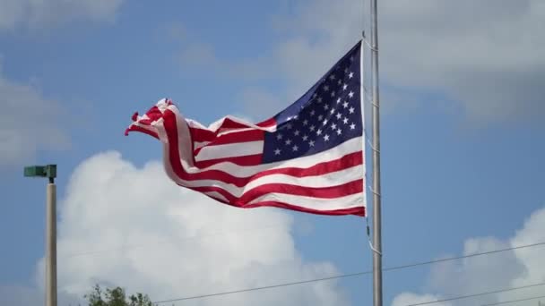 American National Flag Waving Wind Blue Sky Usa Stars Stripes — Stock Video
