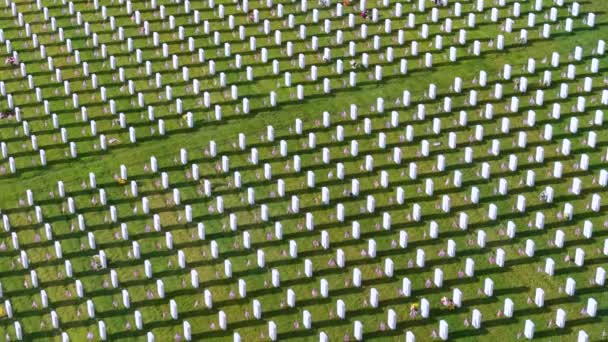緑の草の上に白い墓石の列を持つ大きなアメリカ陸軍の国立墓地 メモリアルデーのコンセプト — ストック動画