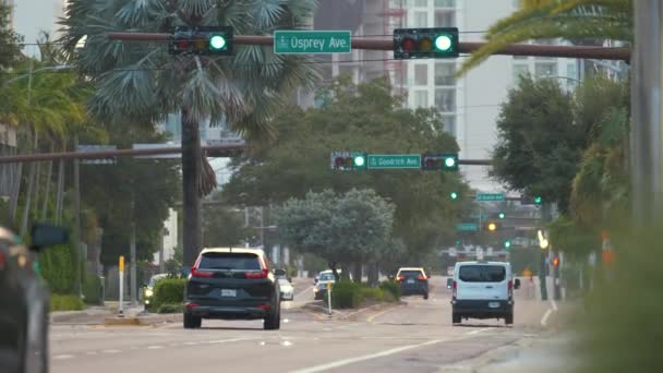Amerykańska Ulica Samochodami Skrzyżowaniu Światłami Tampa Florydzie Transport Usa — Wideo stockowe