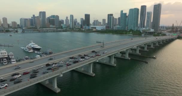 第一反应人员在桥路上的车祸中提供帮助 迈阿密的车祸 受伤的司机在等救护车的到来 在街上帮助事故受害者的人 — 图库视频影像