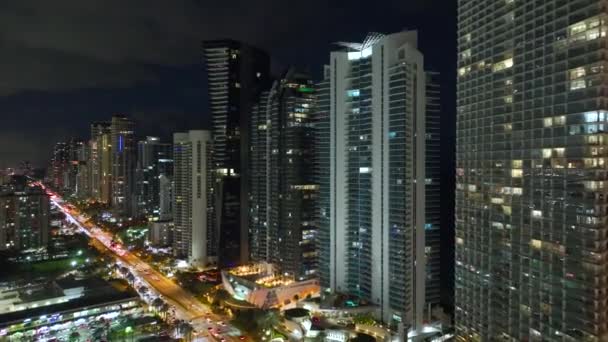 Vista Desde Arriba Edificios Rascacielos Altos Iluminados Centro Ciudad Sunny — Vídeos de Stock