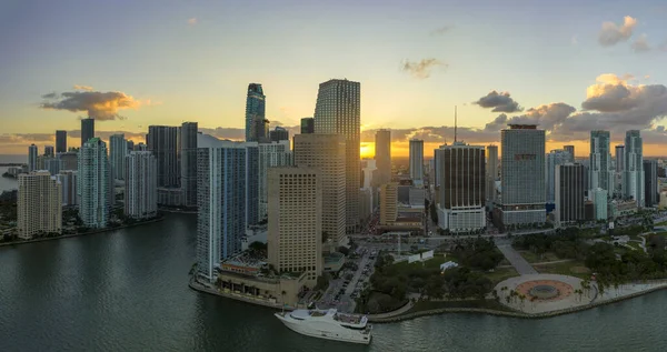 stock image Evening urban landscape of downtown district of Miami Brickell in Florida, USA. Skyline with dark high skyscraper buildings in modern american megapolis.