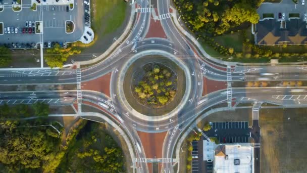 Aerial View Road Roundabout Intersection Fast Moving Heavy Traffic Timelapse — Stock Video