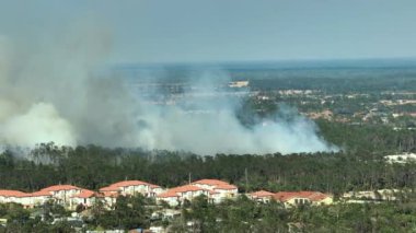 Kurak kış mevsiminde Florida 'nın North Port şehrinde şiddetli yangın çıktı. Banliyö evlerinden yükselen yoğun duman.