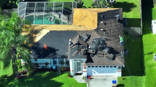 Workers Changing Old Asphalt Shingles New Private House Rooftop Roof — Stock Video
