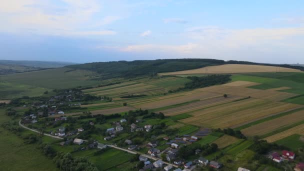 Αγροτικά Σπίτια Χωριών Και Απομακρυσμένα Πράσινα Καλλιεργούμενα Αγροτεμάχια Καλλιέργειες — Αρχείο Βίντεο