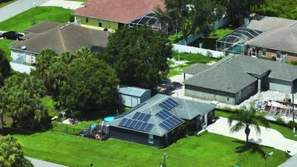 Aerial View Typical American Building Roof Rows Blue Solar Photovoltaic — Stockvideo
