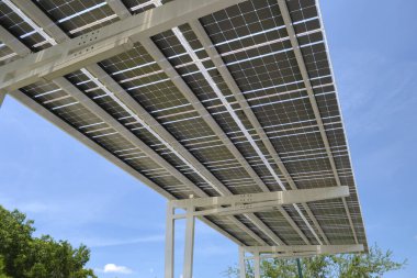 Solar panels installed as shade roof over parking lot for parked electric cars for effective generation of clean electricity. Photovoltaic technology integrated in urban infrastructure.