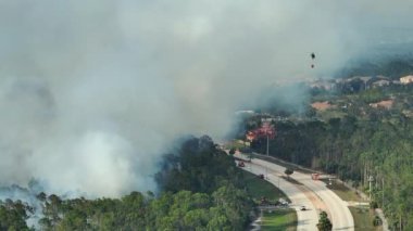 Florida ormanlarında yangın söndüren acil servis helikopteri ve itfaiye araçları. Polis helikopteri ormanda alevleri söndürmeye çalışıyor. Zehirli duman kirletici atmosfer.