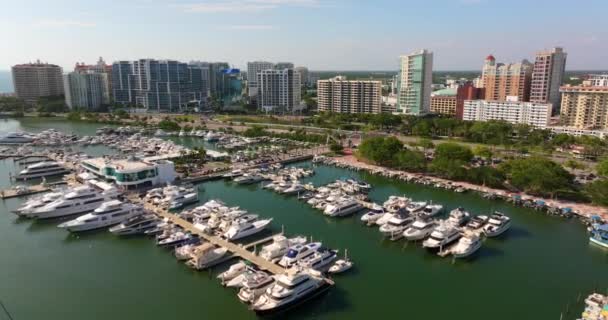 Sarasota Stad Florida Usa Med Lyxbåtar Dockade Sarasota Bay Centrum — Stockvideo