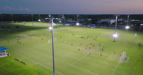 公共スポーツパークの照明スタジアムでサッカーをするスポーツマン — ストック動画