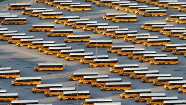 许多停放在美国县停车场上的校车的空中景观 美国教育系统的交通 — 图库视频影像