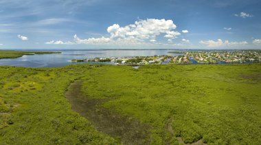 Okyanus suları ve kırsal evler arasında yeşil bitki örtüsü bulunan Florida sulak alanlarının havadan görünüşü. Birçok tropikal türün doğal yaşam alanı.