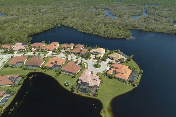 stock image Aftermath of natural disaster. Flooded houses by hurricane Ian rainfall in Florida residential area.