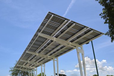 Solar panels installed over parking lot canopy shade for parked cars for effective generation of clean energy.