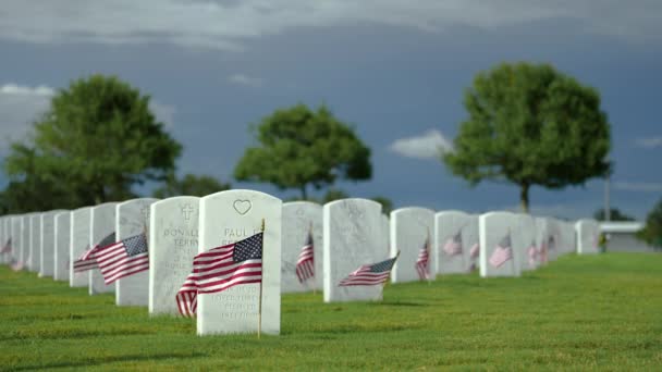 Национальное Кладбище Американской Армии Рядами Белых Надгробий Зеленой Траве День — стоковое видео