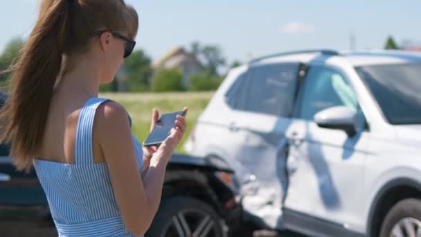 Stressed Woman Driver Taking Photo Mobile Phone Camera Vehicle Collision — Video Stock