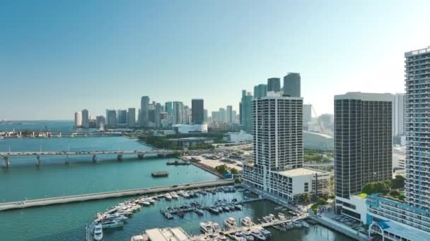 米国フロリダ州マイアミ市のダウンタウンにある高層ビルの上からの眺め 多くの高価なヨットとモーターボートを持つビスケインベイマリーナ ビジネス金融地区を持つアメリカのメガポリス — ストック動画