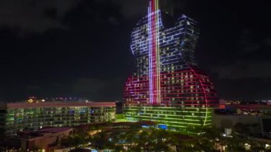 Aerial view of guitar shaped Seminole Hard Rock Hotel and Casino structure in Florida.