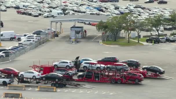 Dealer Parking Lot Big Rig Semi Trucks Long Haulage Loaded — Stock Video