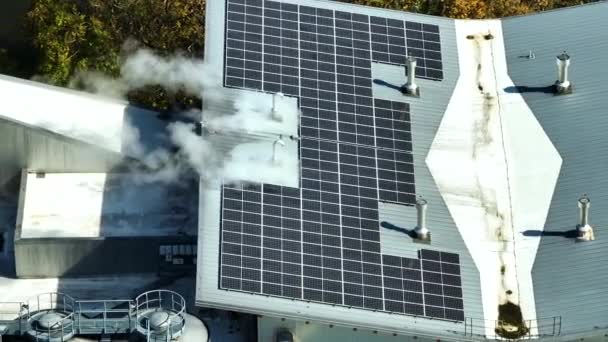 緑の生態系電力を生産するための産業用建物の屋根の上に青い太陽光パネルを搭載した太陽光発電所の空中ビュー 持続可能なエネルギー概念の生産 — ストック動画