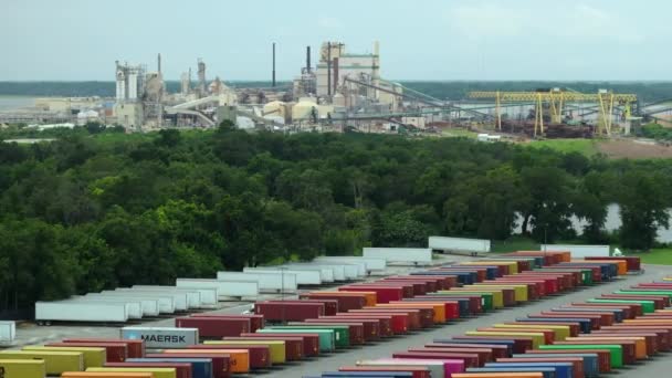 米国ジョージア州ブランズウィックのセルロース工場で貨物コンテナ貨物ヤード 製紙工場からの製品の出荷 — ストック動画