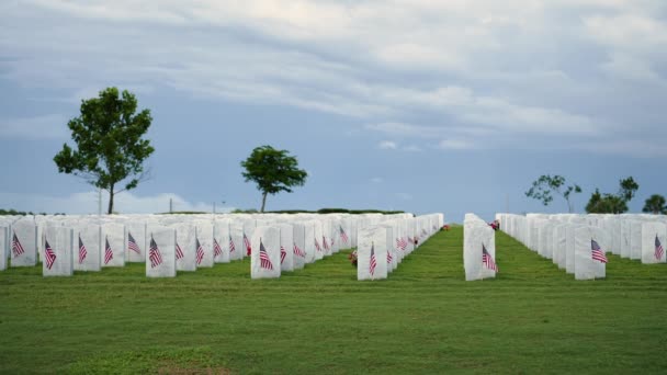 Bílé Náhrobky Zelené Trávě Národním Hřbitově Sarasota Koncept Memorial Day — Stock video