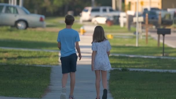 在阳光灿烂的日子里 两个十几岁的孩子 女孩和男孩 兄弟和姐妹 一起在乡村街道上散步的后视镜 休假时间概念 — 图库视频影像