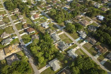 Florida 'nın sakin kırsal kesimindeki yeşil palmiye ağaçları arasındaki banliyö özel evlerinin hava manzarası.