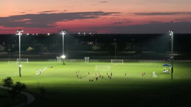 Trening Sportowców Piłce Nożnej Oświetlonym Stadionie Piłkarskim Nocy Parku Sportów — Wideo stockowe