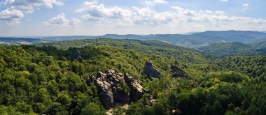 Parlak manzaranın panoramik manzarası. Yazın sık ağaçlar arasında yeşil orman ağaçları ve büyük kayalık kayalar. Vahşi ormanın güzel manzarası.