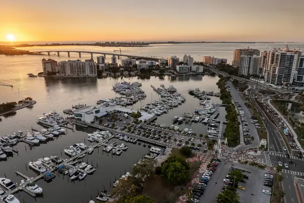 stock image Sarasota, Florida city downtown at sunset with expensive bayfront high-rise buildings. Urban travel destination in the USA.