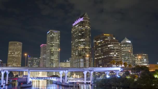 Tampa Florida Night Highway Bridge Transportation Brightly Illuminated High Skyscraper — Stock Video