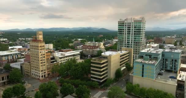 Asheville City Severní Karolíně Při Západu Slunce Centrum Architektury Vysokými — Stock video