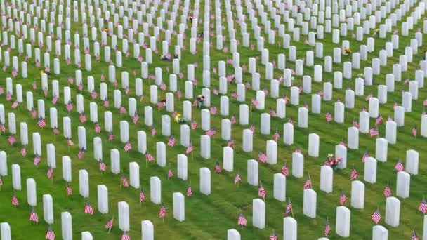 Stor Amerikansk Armé Nationell Kyrkogård Med Rader Vita Gravstenar Grönt — Stockvideo