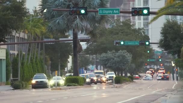 Автомобили Едут Перекрестке Американской Улице Светофорами Тампе Флорида Транспорт Сша — стоковое видео