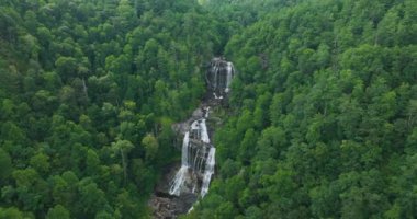 Nantahala Ulusal Ormanı 'ndaki Whitewater Şelalesi, Kuzey Carolina, ABD. Yeşil yemyeşil ormanların arasındaki kayalık kayalardan dökülen berrak sularla dolu güzel bir şelale manzarası..