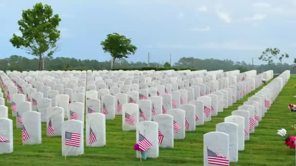 萨拉索塔国家公墓 绿草草坪上有许多白色墓碑 悼念日的概念 — 图库视频影像
