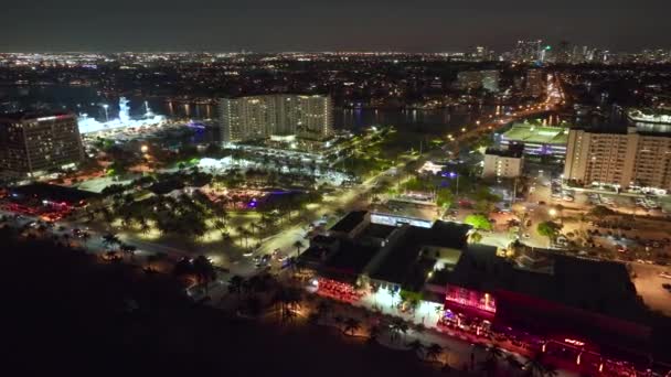 Αεροφωτογραφία Της Πόλης Φορτ Λόντερντεϊλ Νύχτα Las Olas Beach Μπροστά — Αρχείο Βίντεο