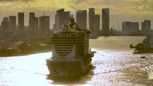 Kapal Pesiar Besar Berangkat Dari Pelabuhan Miami Perjalanan Florida Konsep — Stok Video
