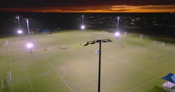 Вид Воздуха Общественный Спортивный Парк Детьми Занимающимися Футболом Травяном Стадионе — стоковое видео