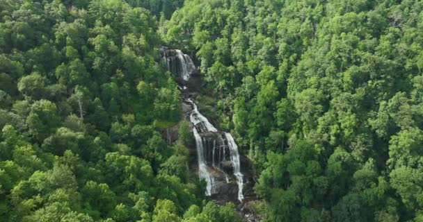 緑豊かな森の間の岩のボールダーから落ちる明確な水と高い滝の美しい風景 ナンタラ国立森のホワイトウォーター滝 ノースカロライナ州 アメリカ — ストック動画