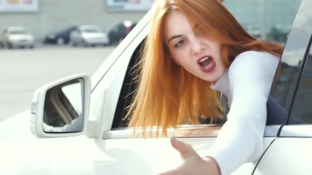 Pissed Displeased Angry Aggressive Woman Driving Car Backwards Shouting Someone — Stok Video