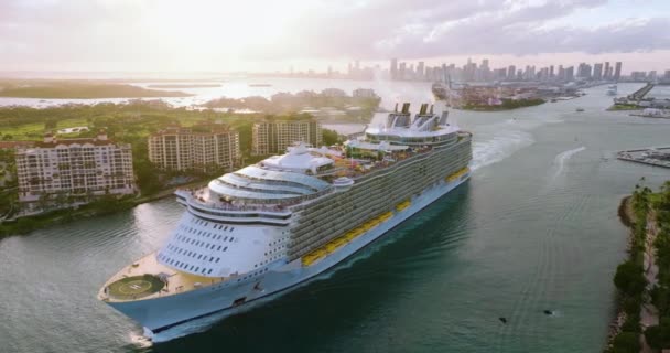 Usa Resmål Miami Skyline Med Oceankryssningsfartyg Avgår Från Hamnen Semester — Stockvideo